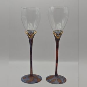 Handblown Art Glass Wine Goblets Iridescent Copper Blue Pair